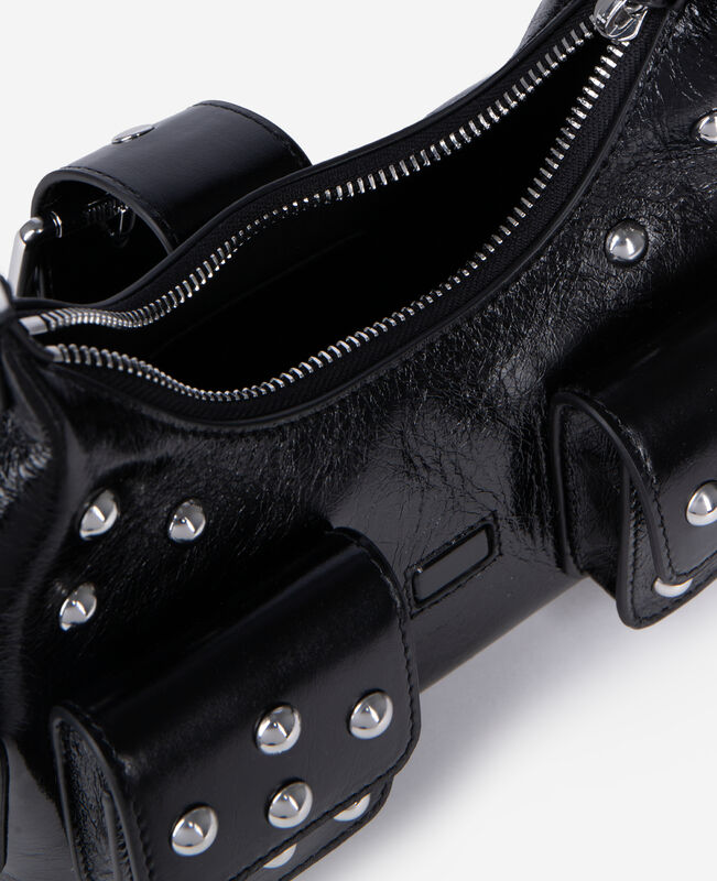 The Kooples FEMME BLACK sac amelia small en cuir craquelé noir avec clous