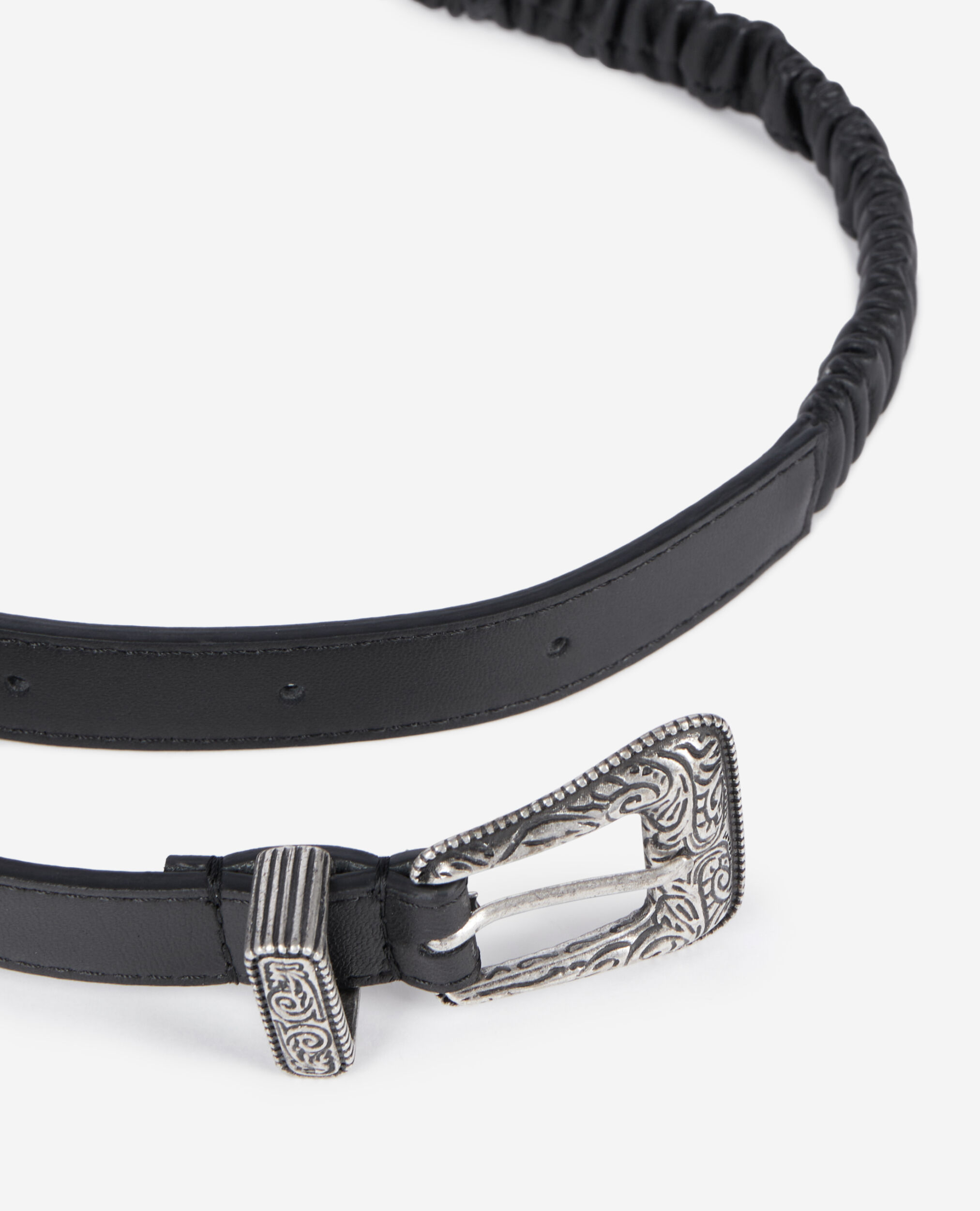 Ceinture fine en cuir froncé noir, BLACK, hi-res image number null