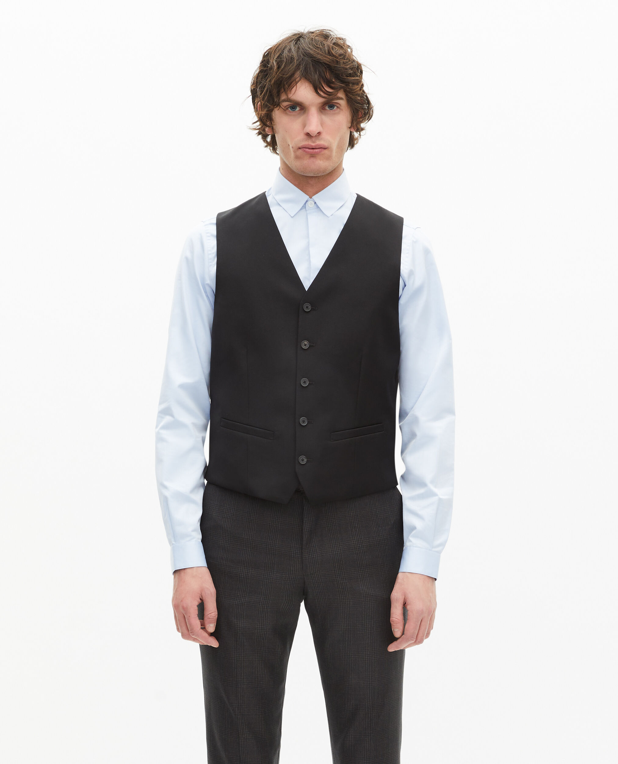 Gilet de costume en laine noir coupe tailleur, BLACK, hi-res image number null