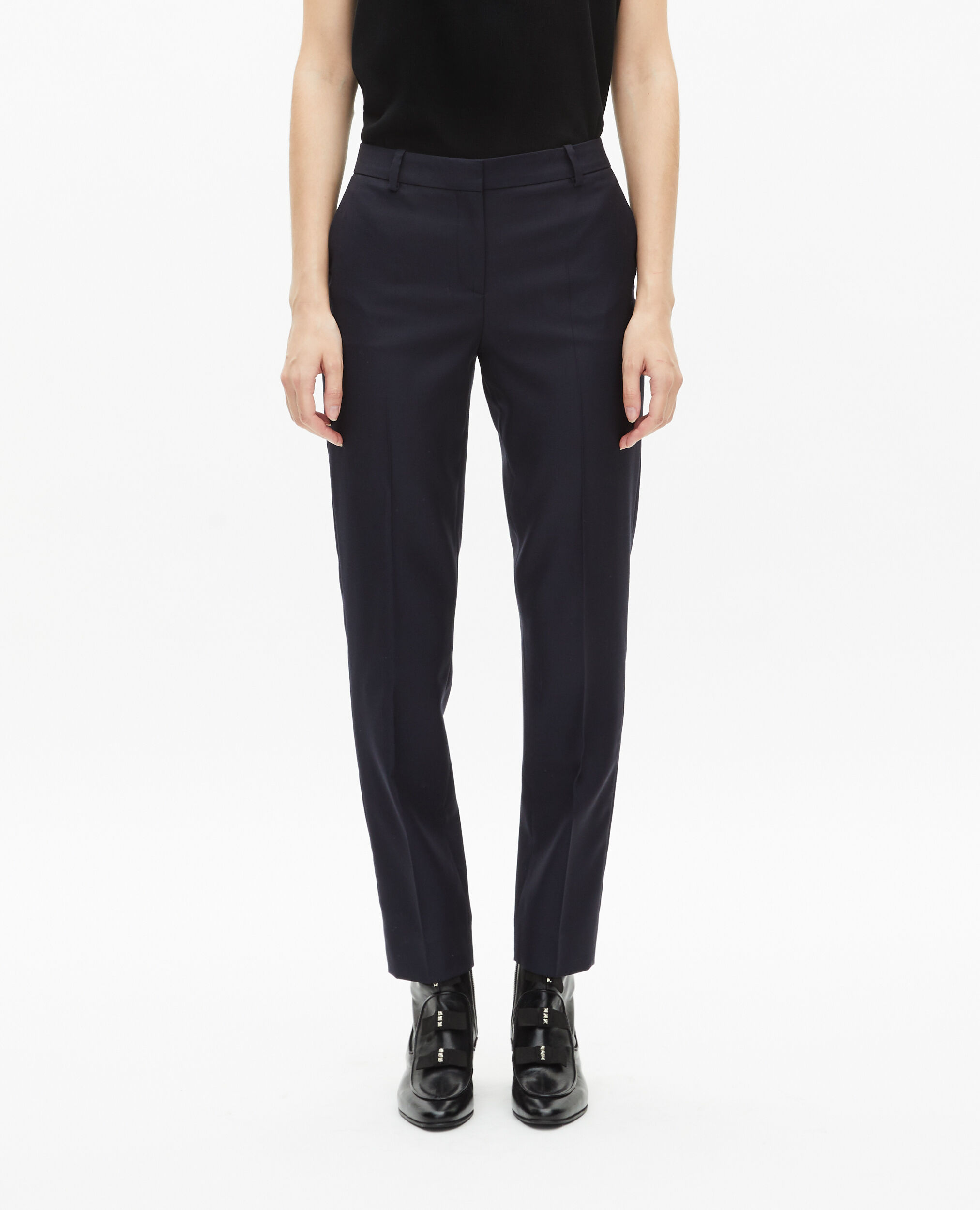 Pantalon tailleur en laine coupe ajustée bleu marine, NAVY, hi-res image number null