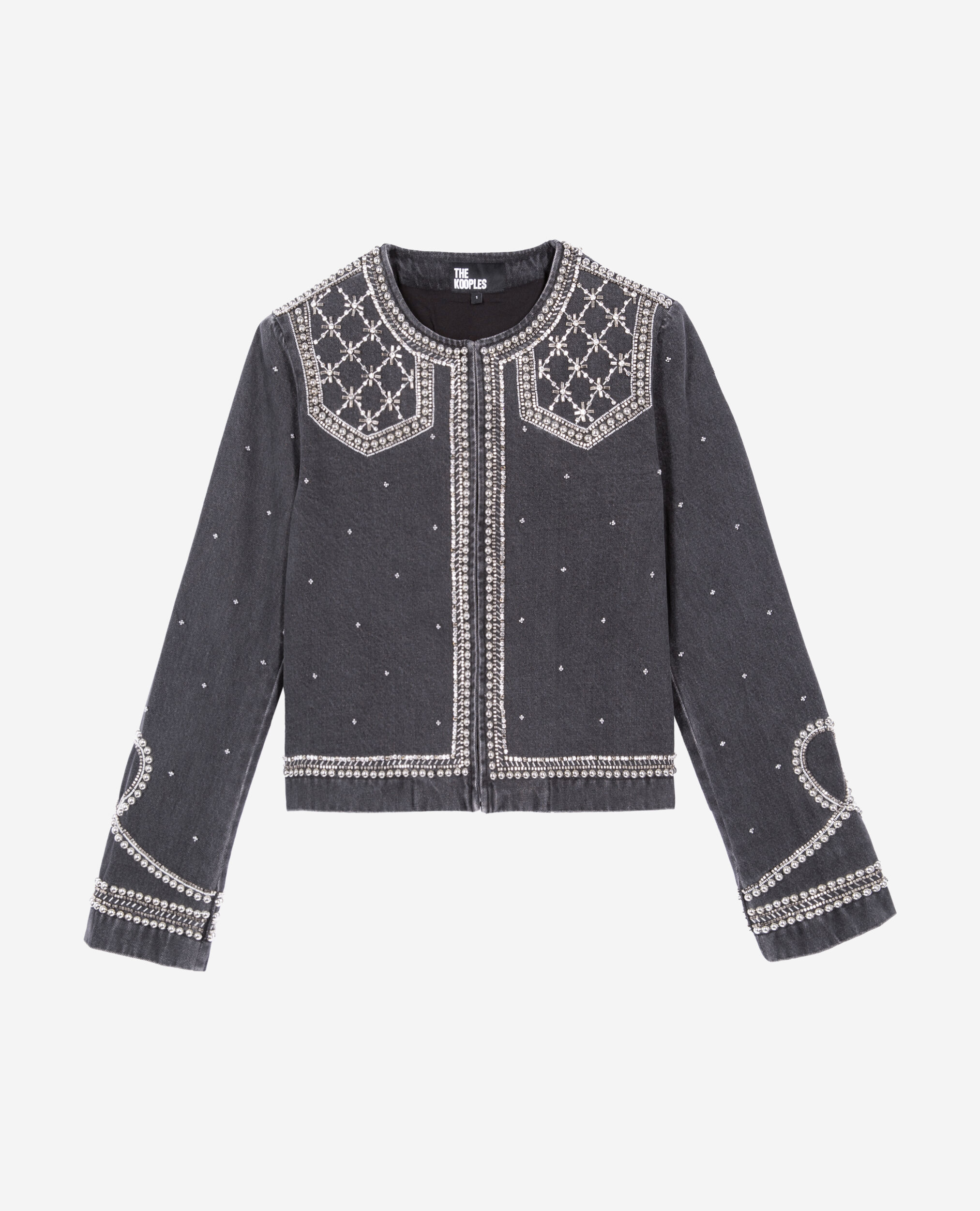 Veste en denim avec studs et perles grise, BLACK WASHED, hi-res image number null