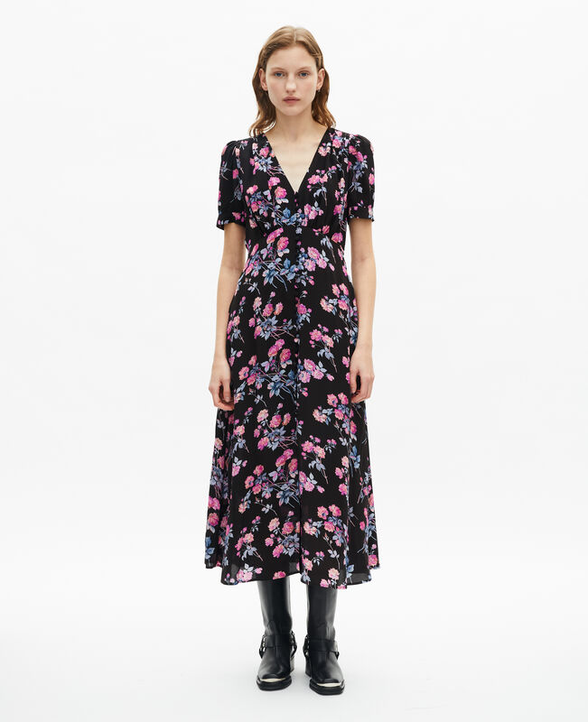 The Kooples FEMME BLACK / PINK robe longue imprimé fleuri noire