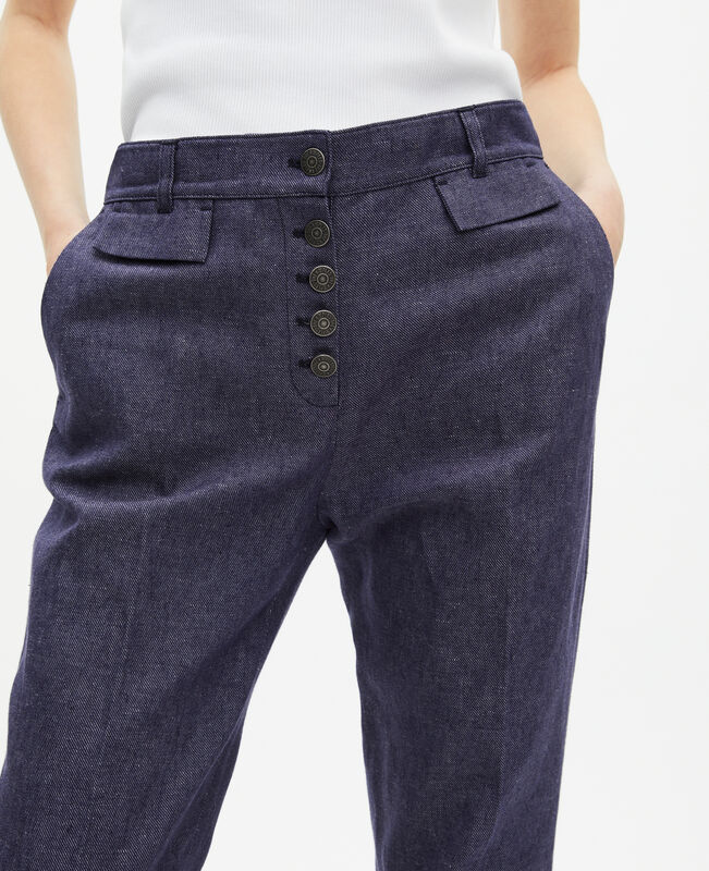 The Kooples FEMME BLUE pantalon flare en coton et lin bleu