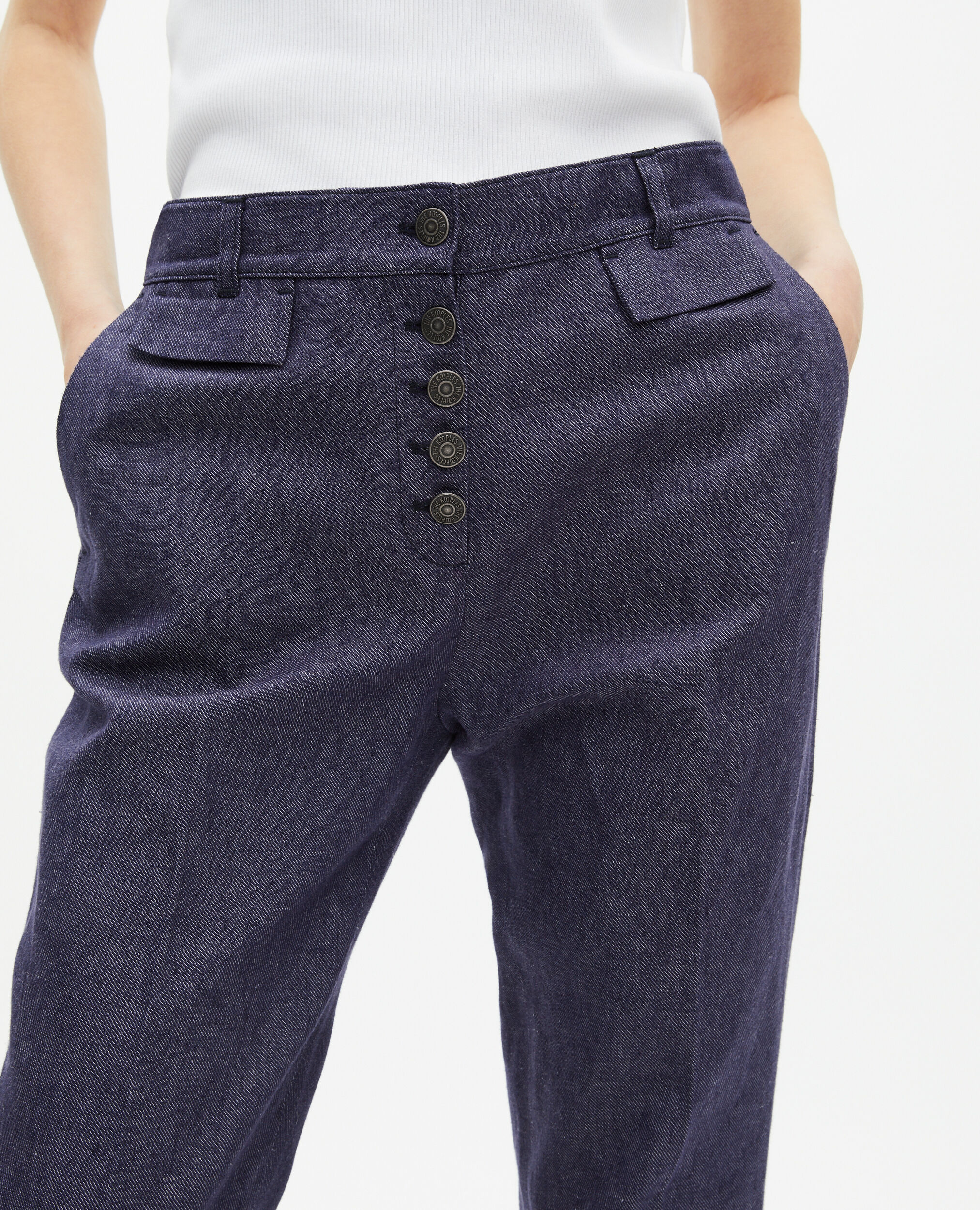 Pantalon flare en coton et lin bleu, BLUE, hi-res image number null