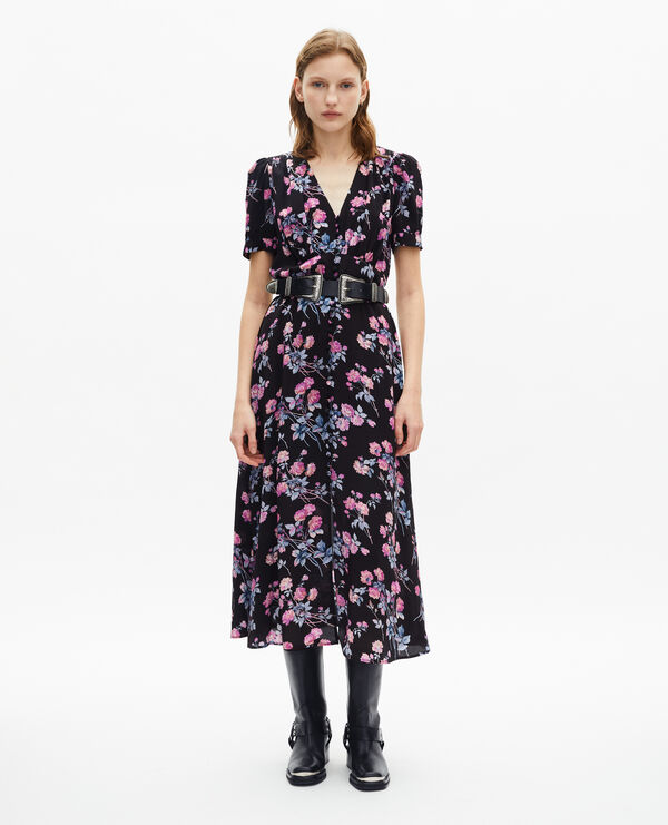 The Kooples FEMME BLACK / PINK robe longue imprimé fleuri noire
