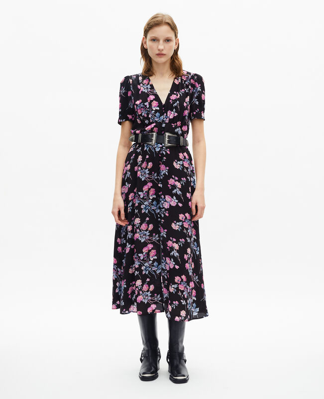 The Kooples FEMME BLACK / PINK robe longue imprimé fleuri noire