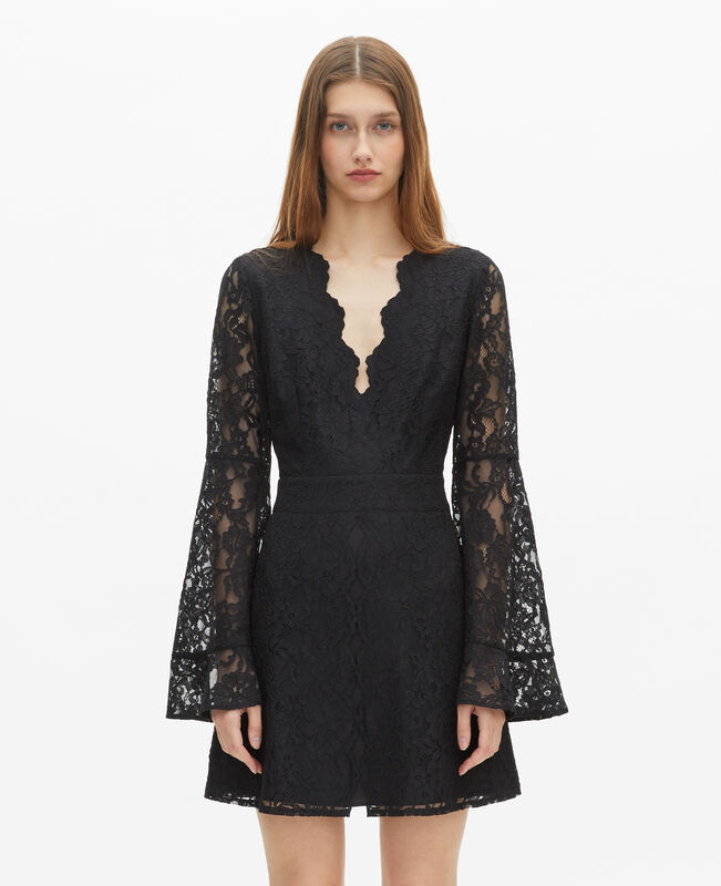 The Kooples FEMME BLACK robe courte à manches évasées en dentelle noire