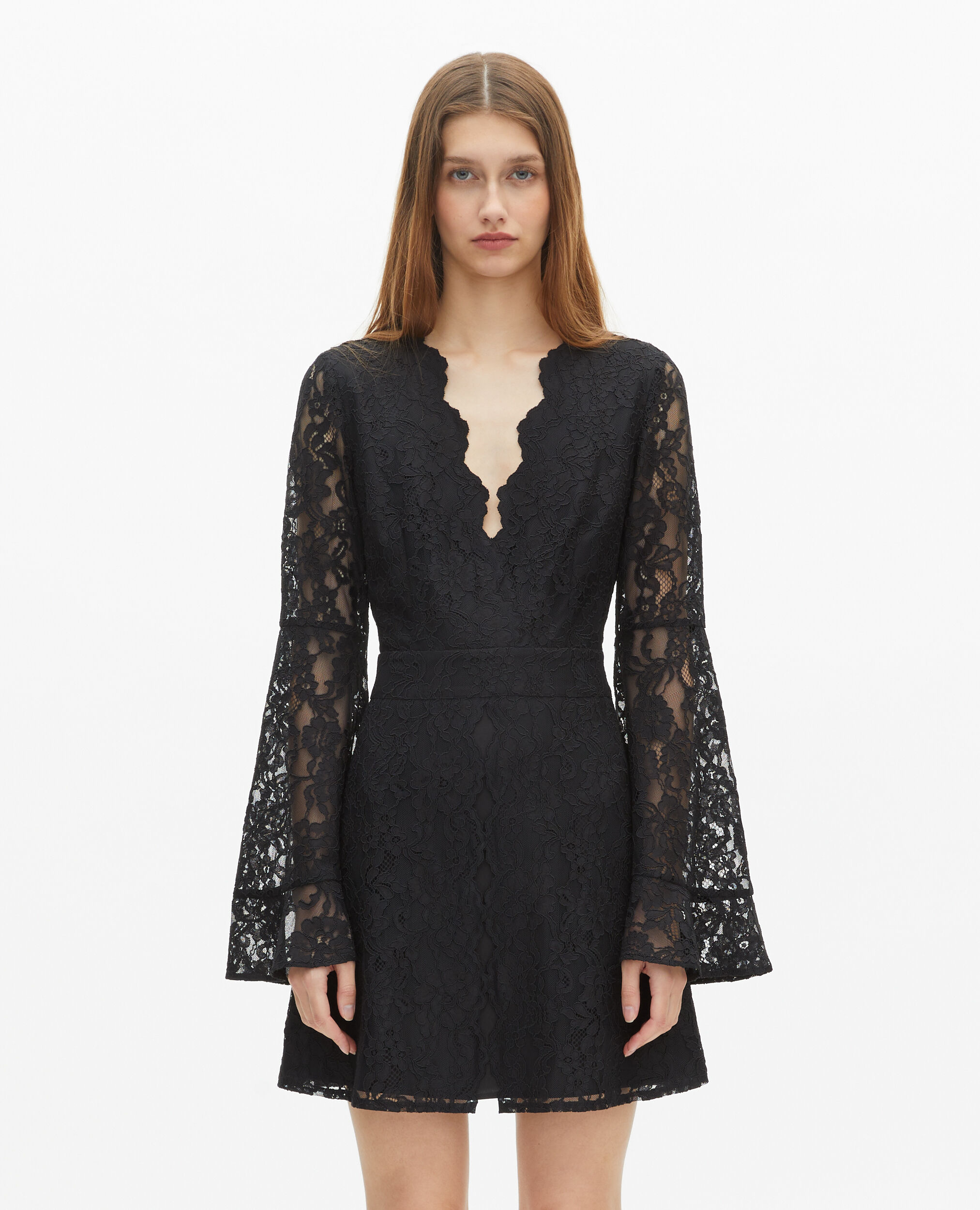 Robe courte à manches évasées en dentelle noire, BLACK, hi-res image number null