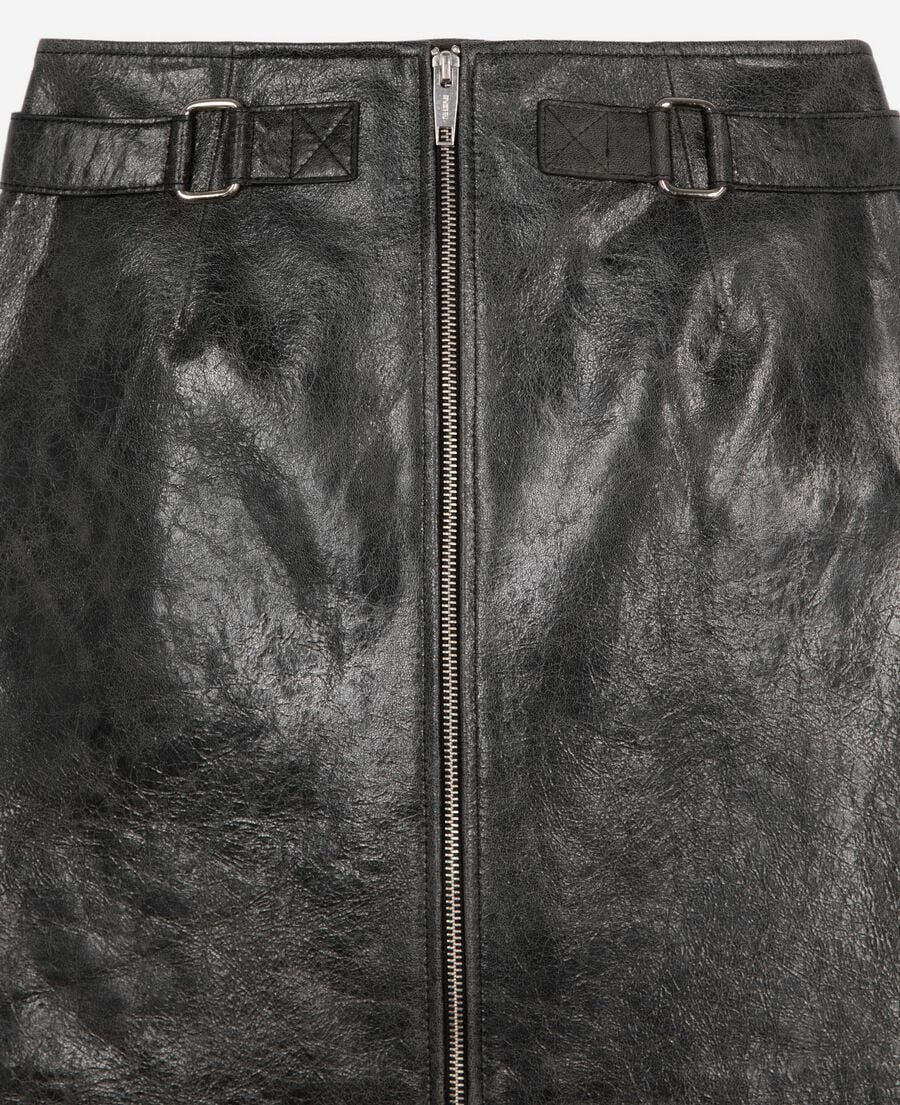 The Kooples WOMEN BLACK STONE black leather zipped short skirt