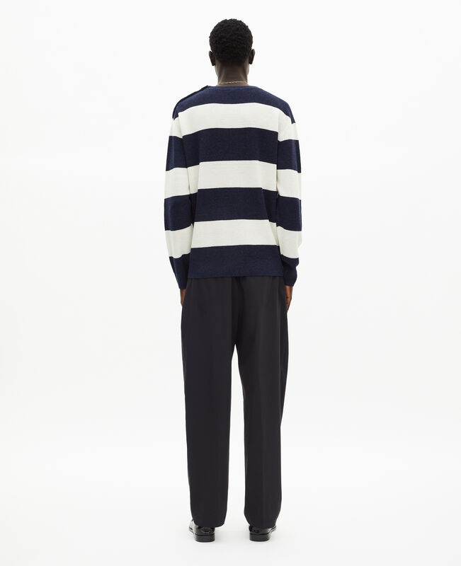 The Kooples HOMME ECRU NAVY pull en laine et lin à rayures marine