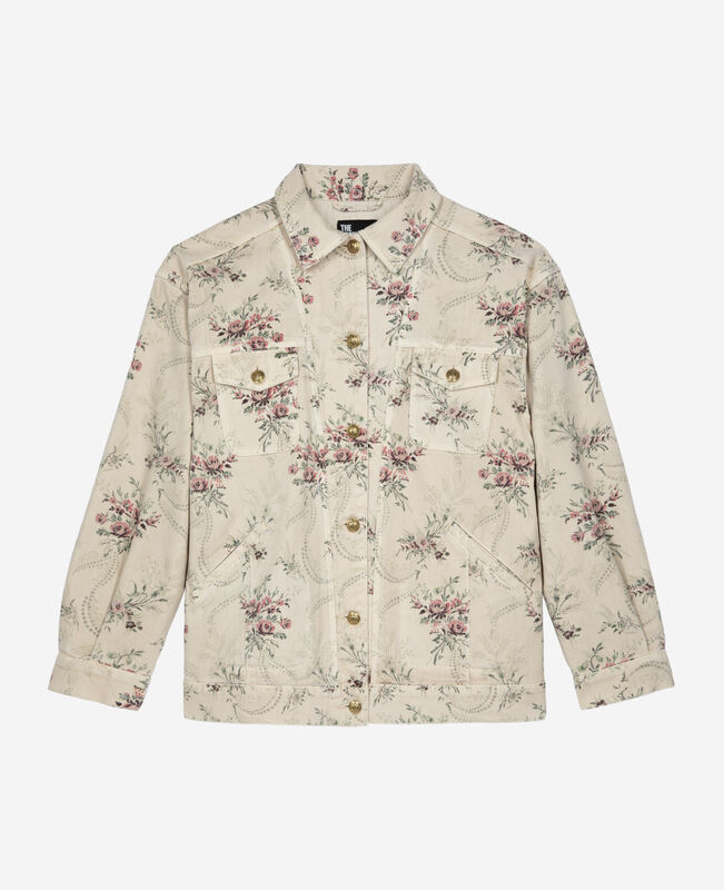 The Kooples FEMME BEIGE TAUPE veste imprimé fleuri en denim beige