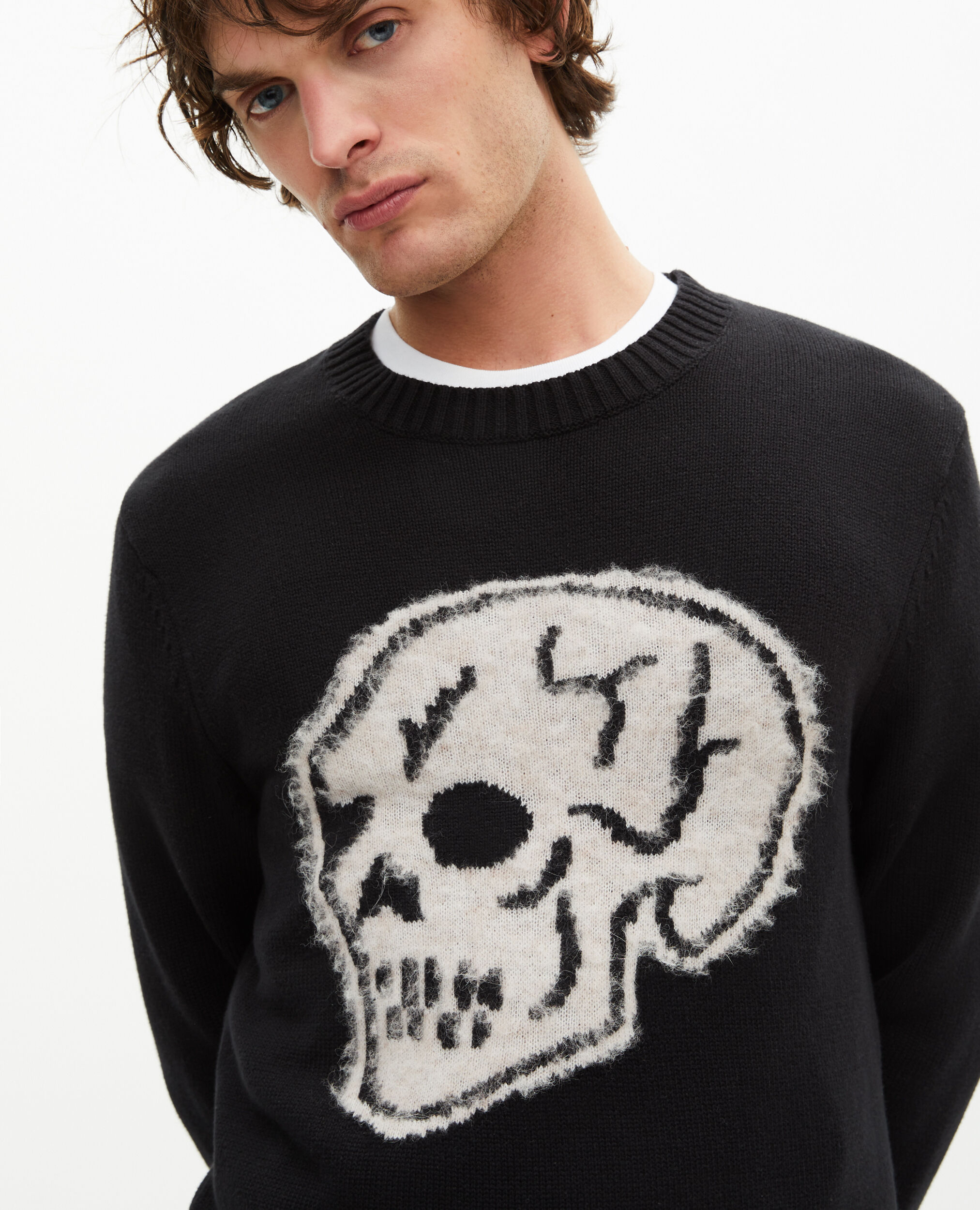 Pull avec sérigraphie tête de mort noir, BLACK-ECRU, hi-res image number null
