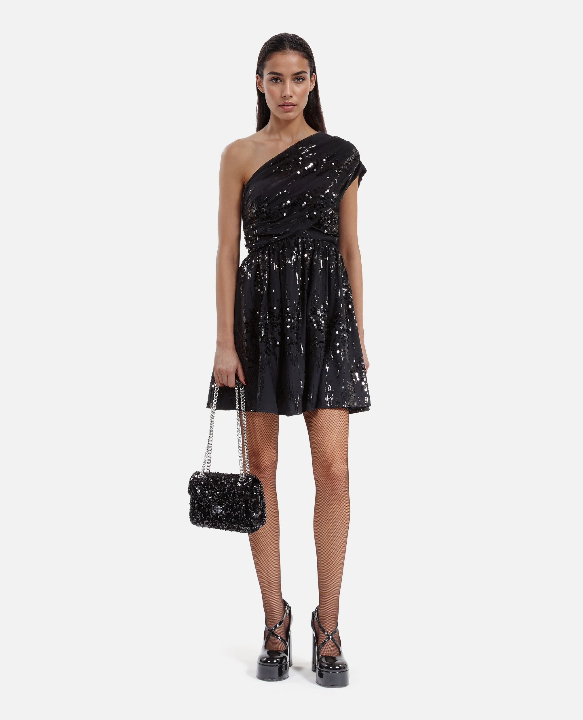 Robe courte à sequins effet drapé noire, BLACK, hi-res image number null