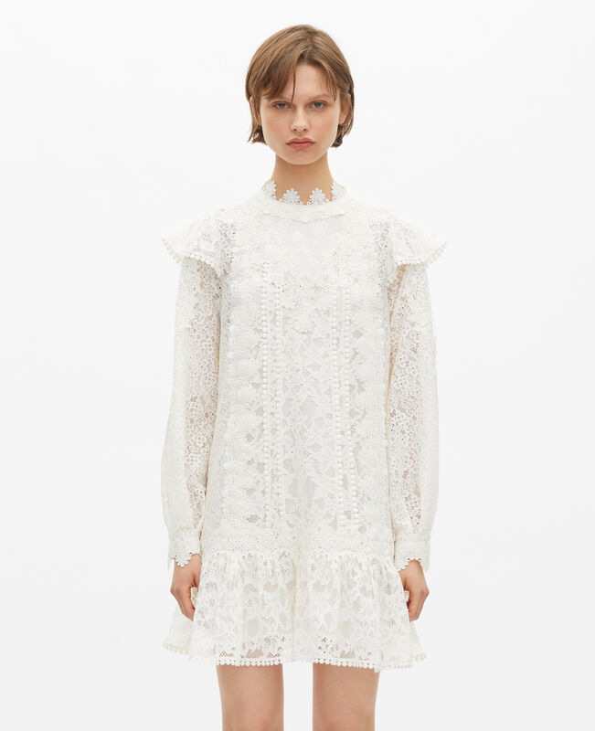 The Kooples FEMME ECRU robe courte manches longues en dentelle écrue