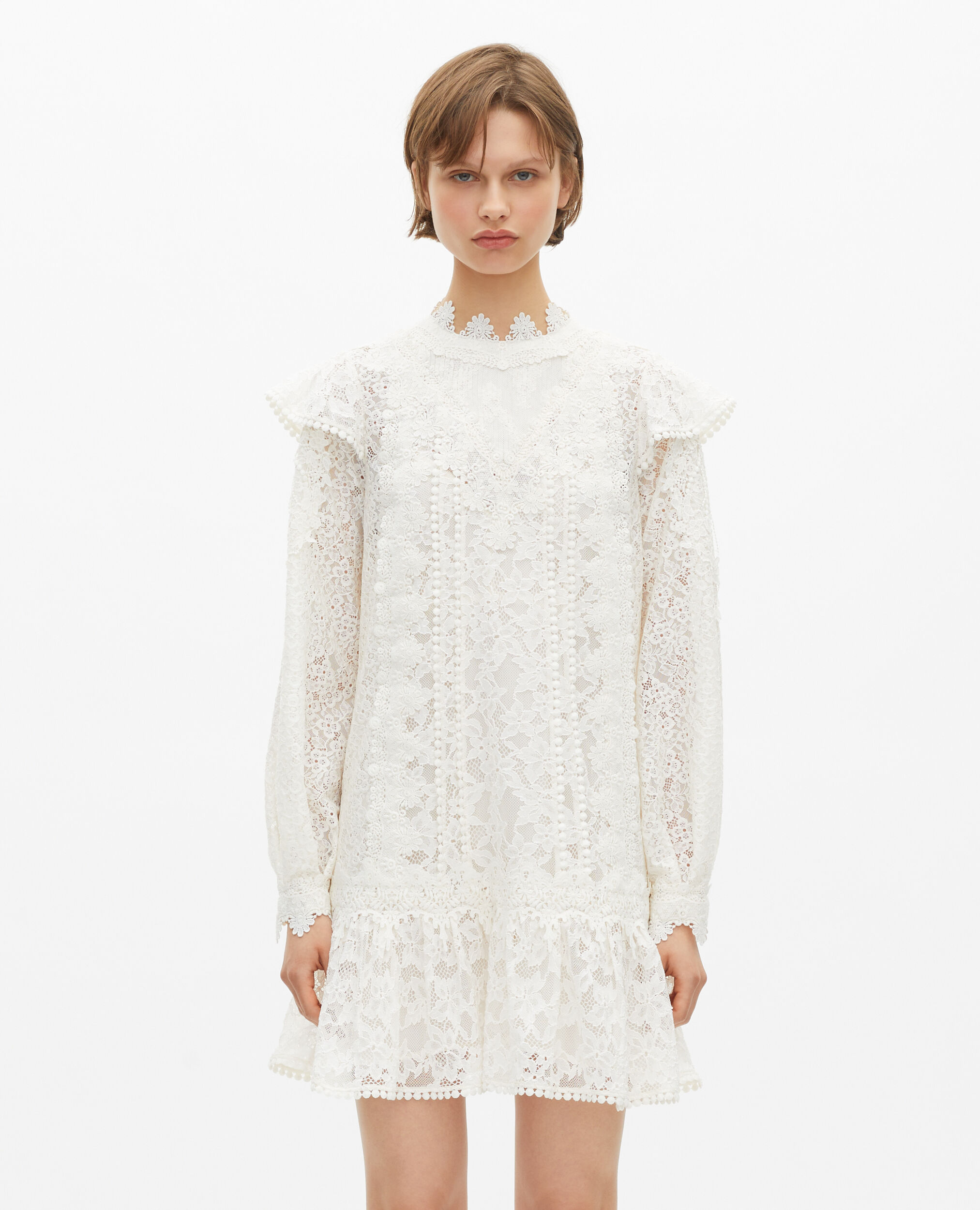Robe courte manches longues en dentelle écrue, ECRU, hi-res image number null