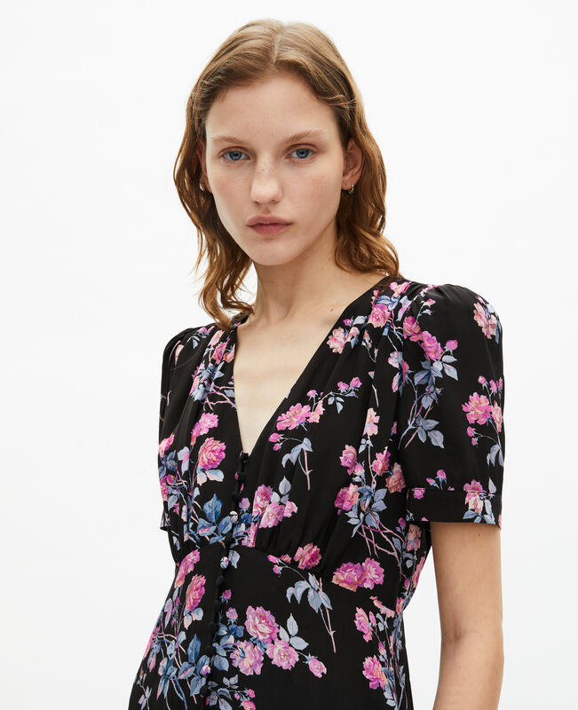 The Kooples FEMME BLACK / PINK robe longue imprimé fleuri noire