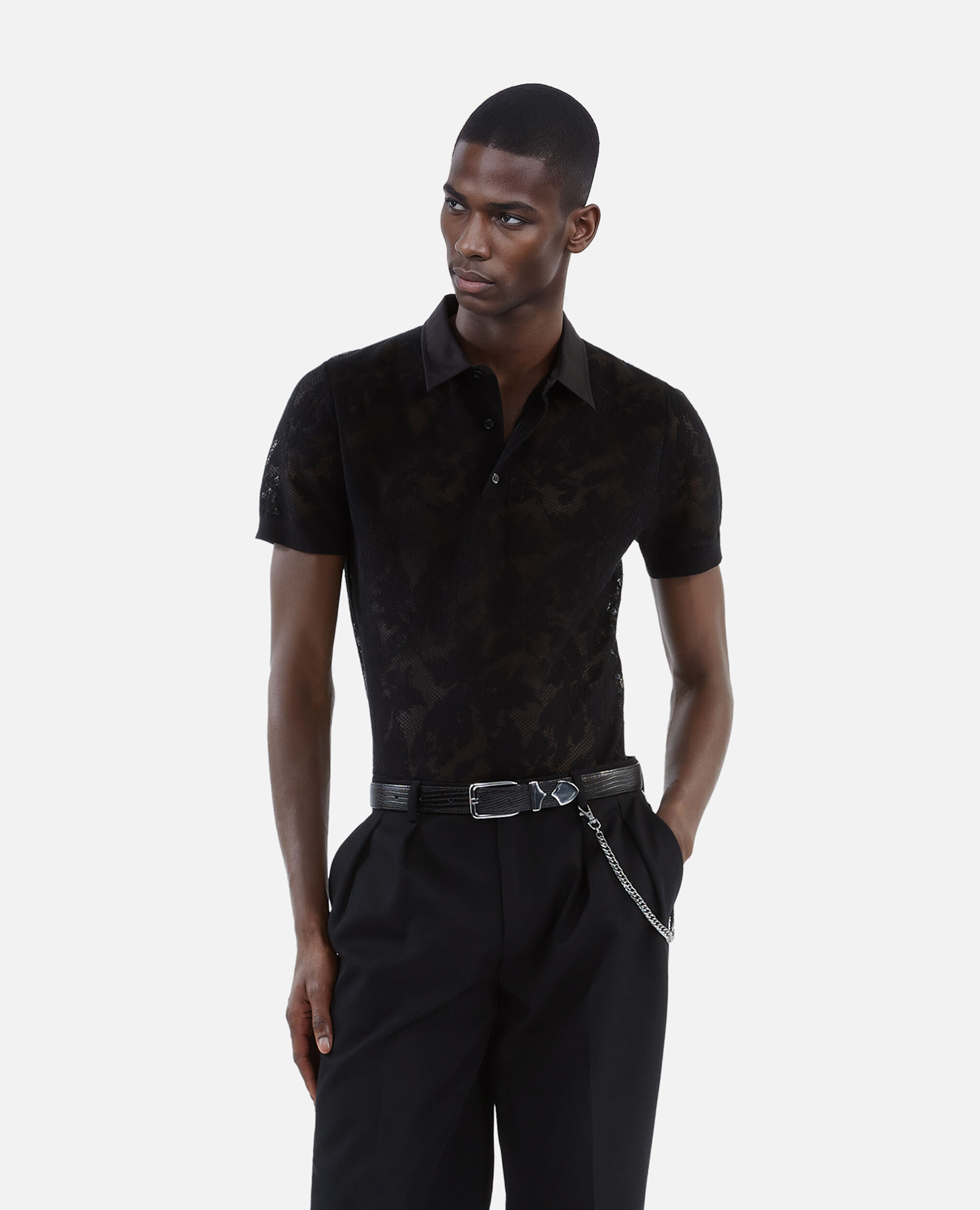 Polo en maille effet dentelle noir, BLACK, hi-res image number null