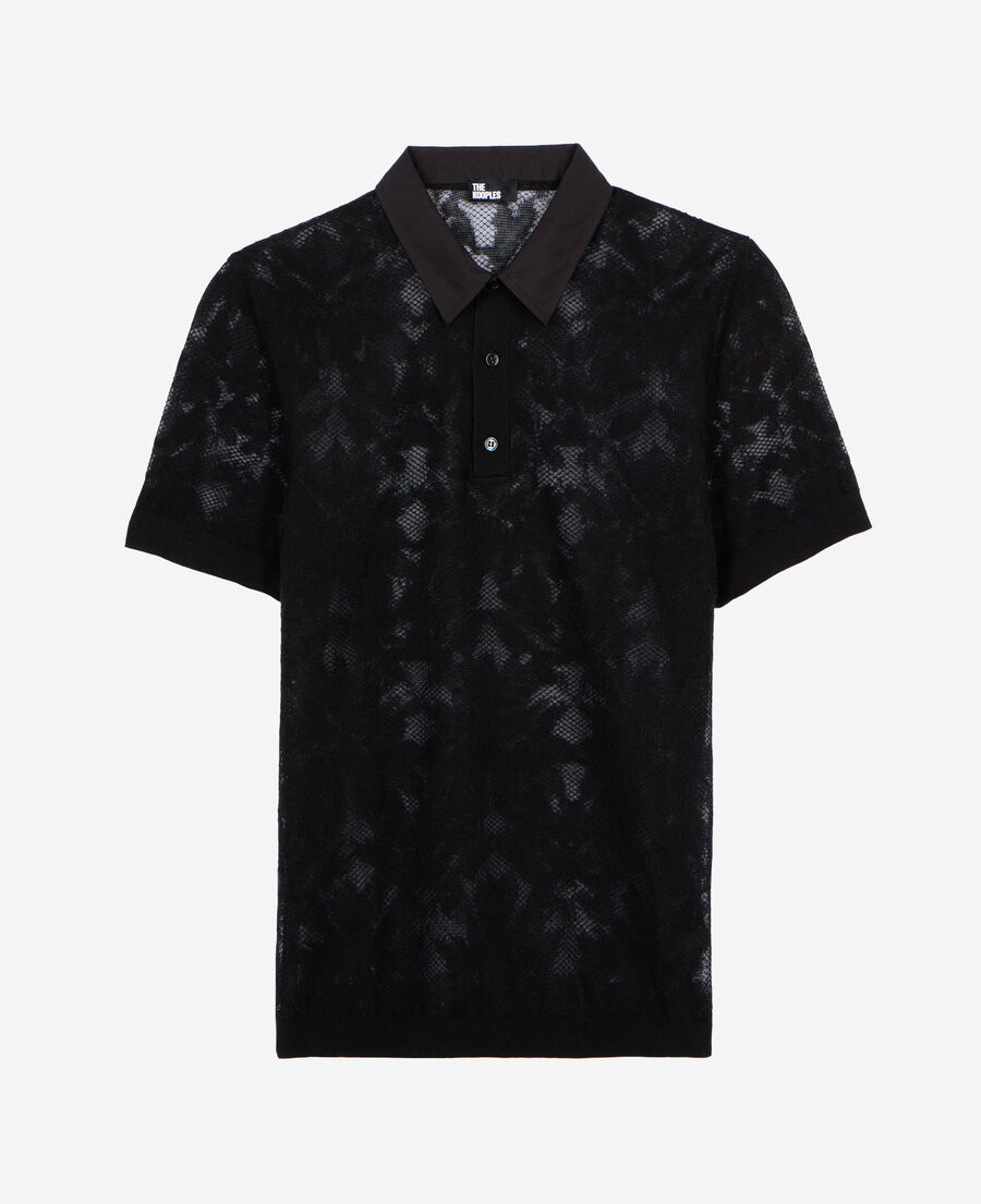 The Kooples MEN BLACK black lace-effect knit polo shirt