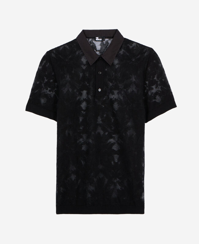 The Kooples HOMME BLACK polo en maille effet dentelle noir