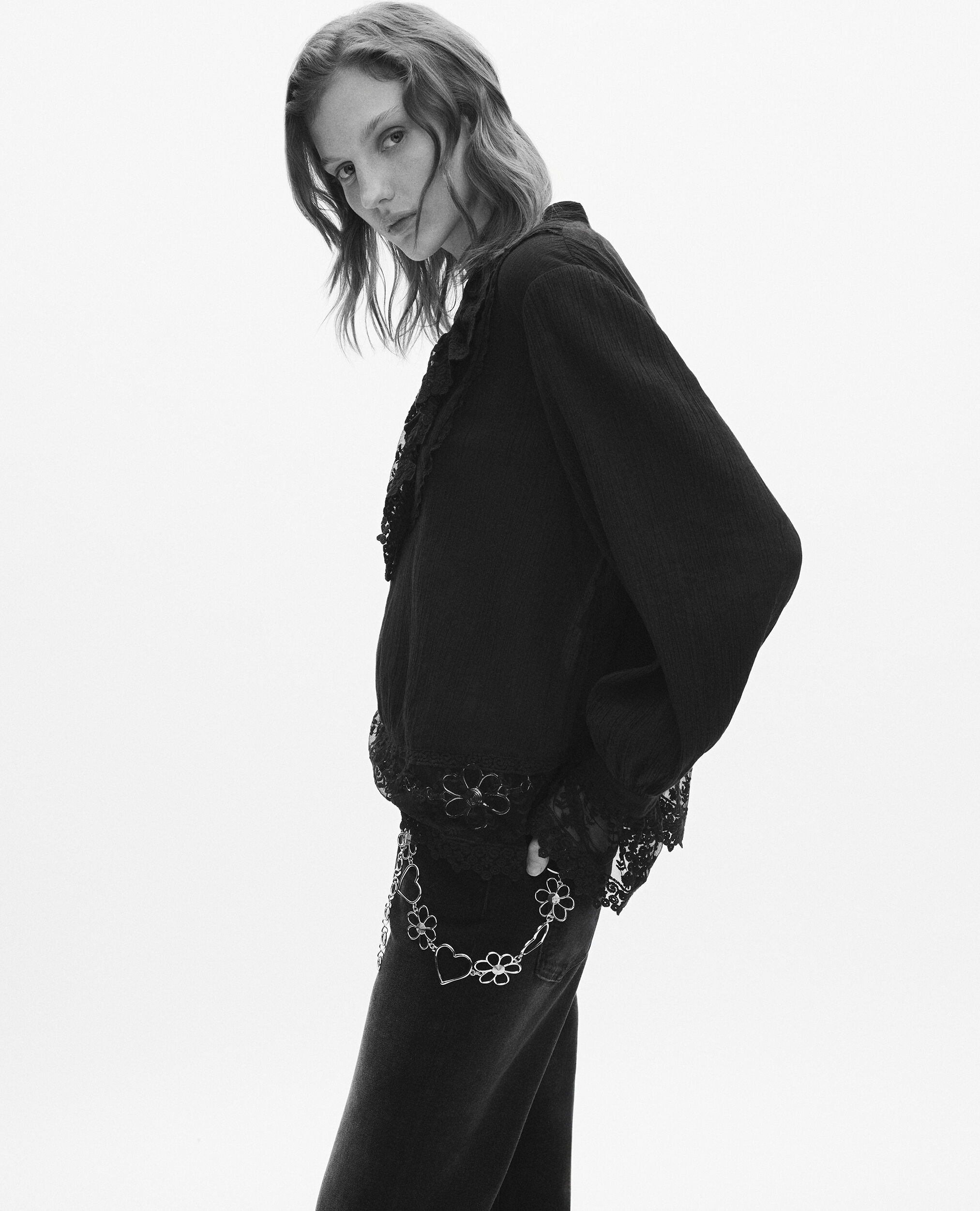 Blouse avec guipure noire, BLACK, hi-res image number null