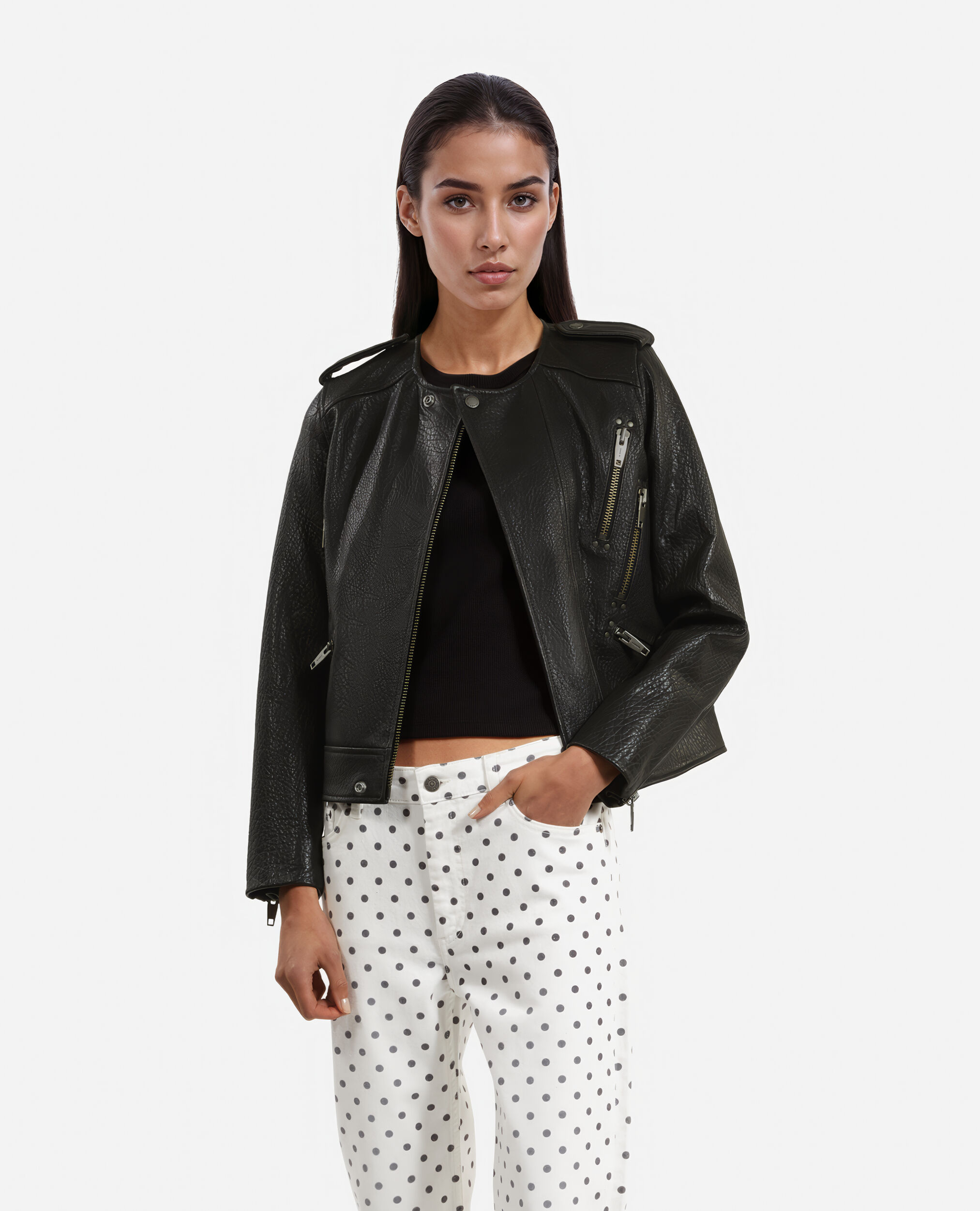 Blouson en cuir noir, BLACK, hi-res image number null