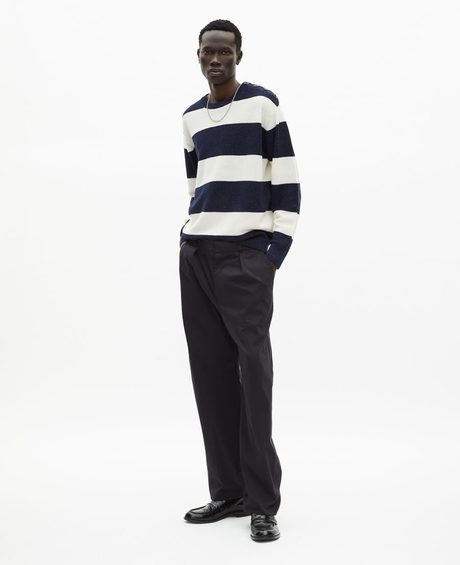 The Kooples HOMME ECRU NAVY pull en laine et lin à rayures marine