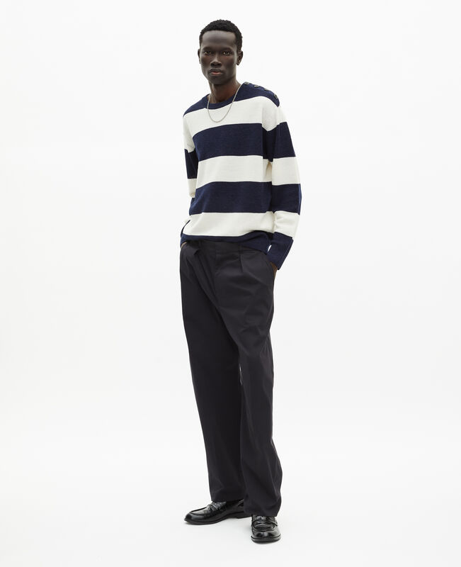 The Kooples HOMME ECRU NAVY pull en laine et lin à rayures marine