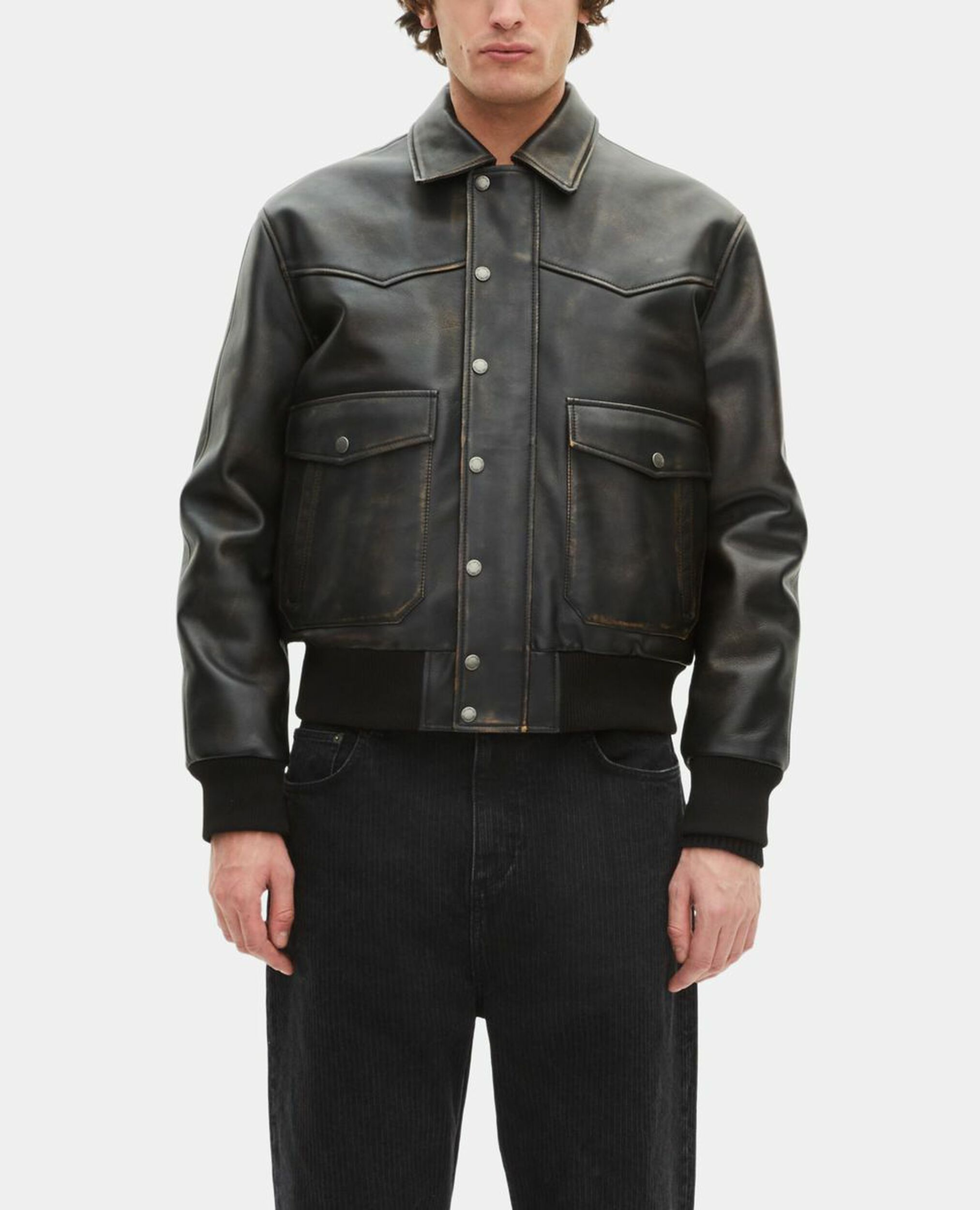 Blouson en cuir marron, DARK BROWN, hi-res image number null