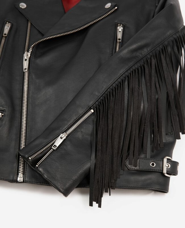 The Kooples FEMME BLACK blouson en cuir à franges noir