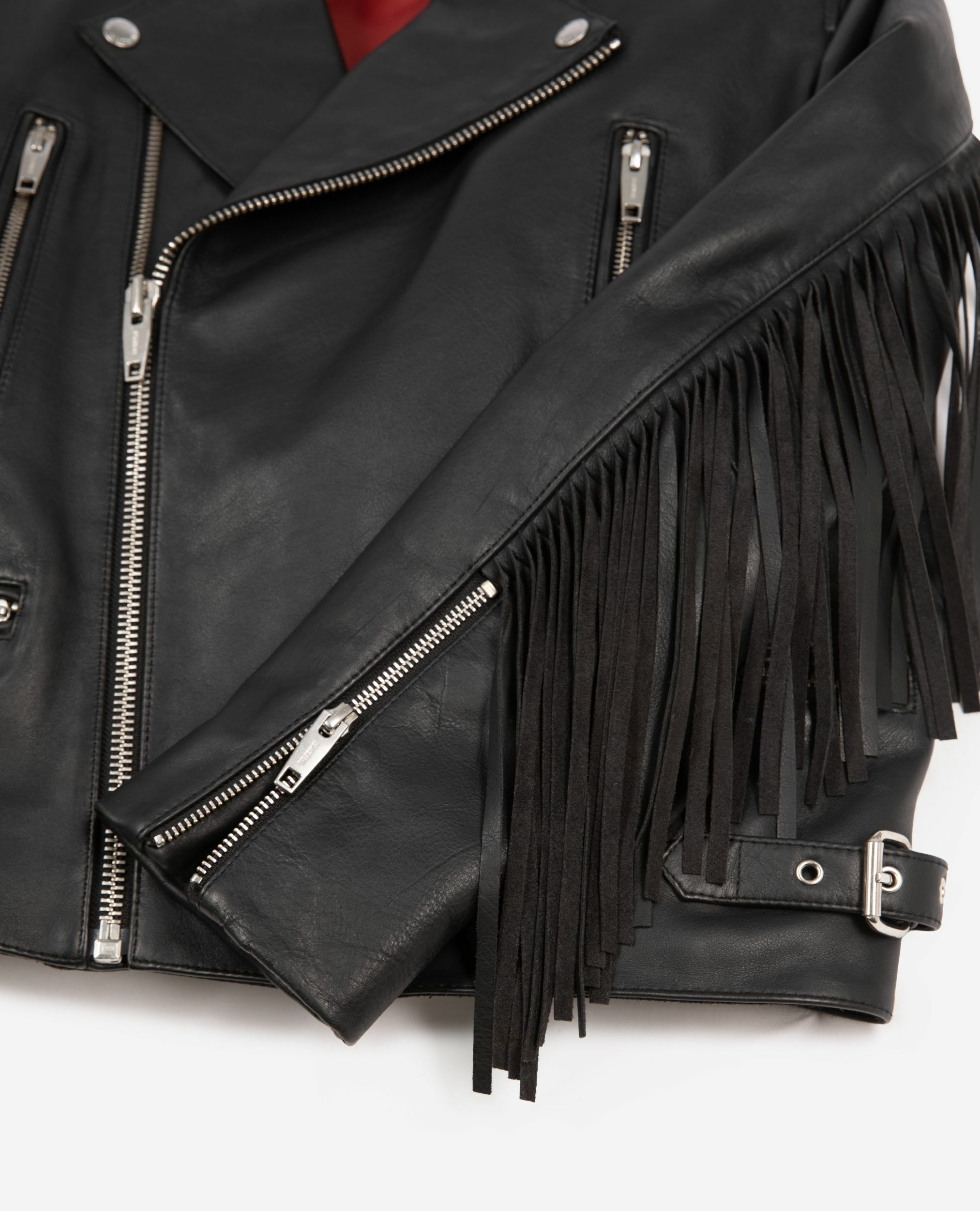 Blouson en cuir à franges noir, BLACK, hi-res image number null