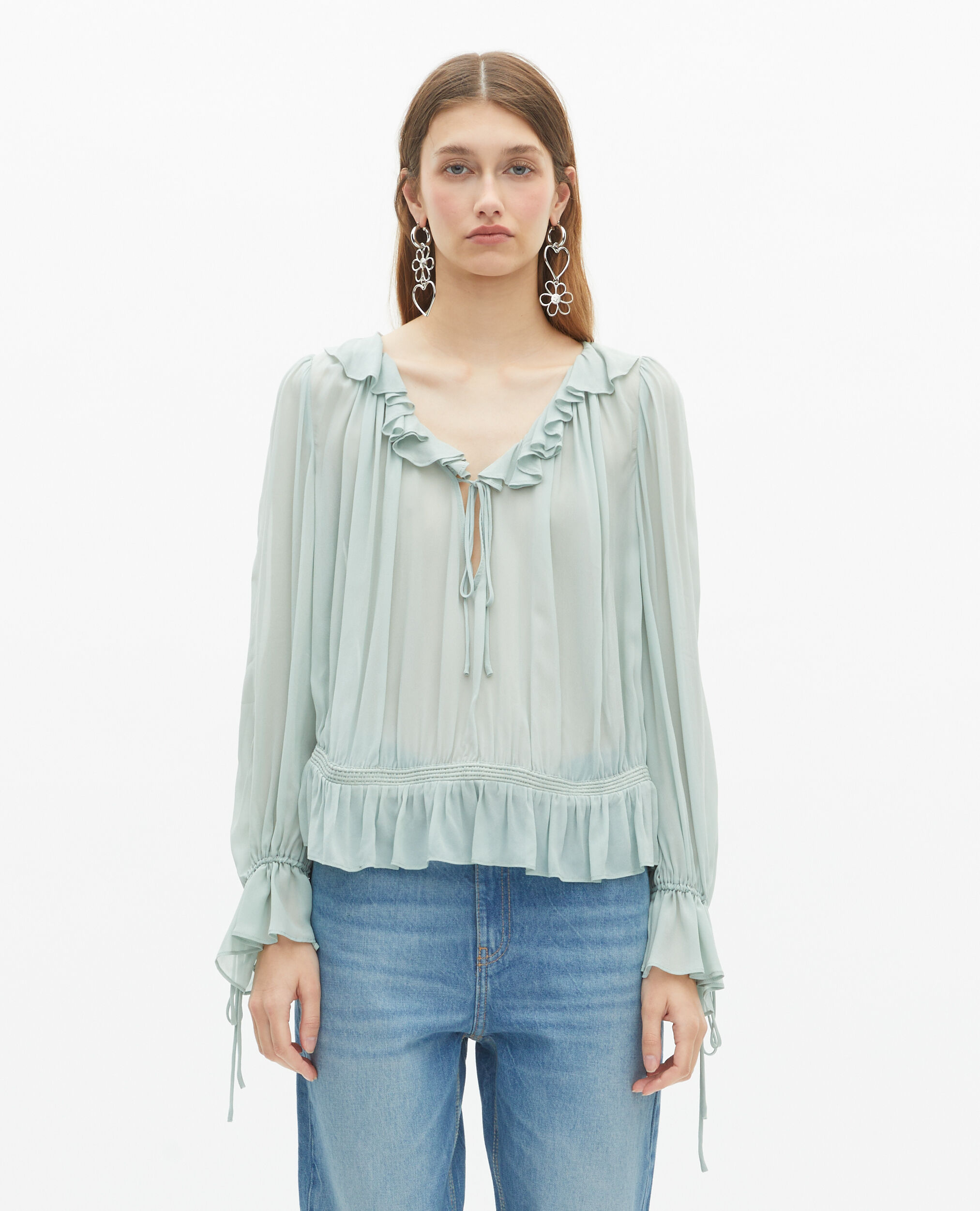Blouse avec volants bleue, BLUE/GREEN, hi-res image number null