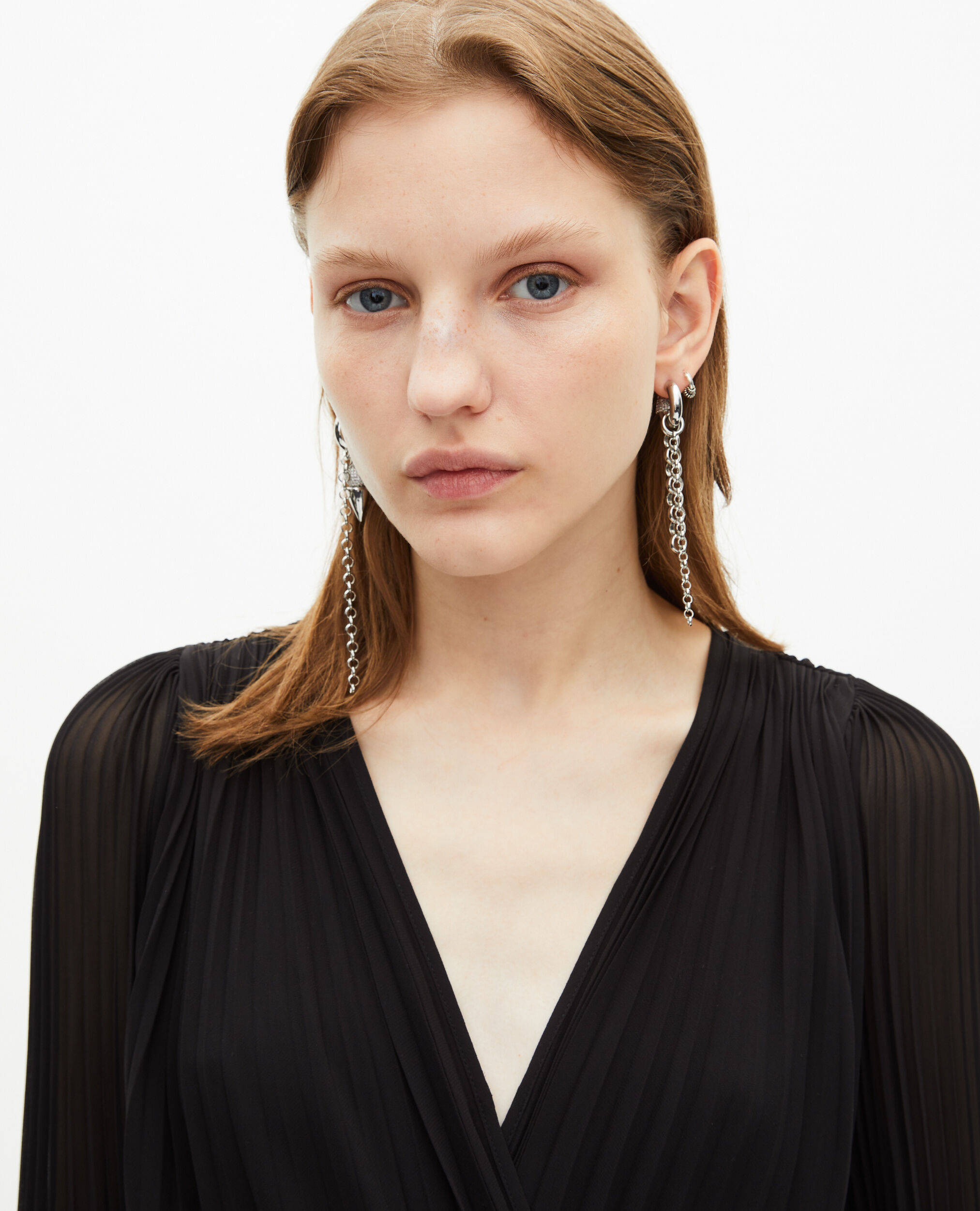 Robe longue plissée avec dentelle noire, BLACK, hi-res image number null