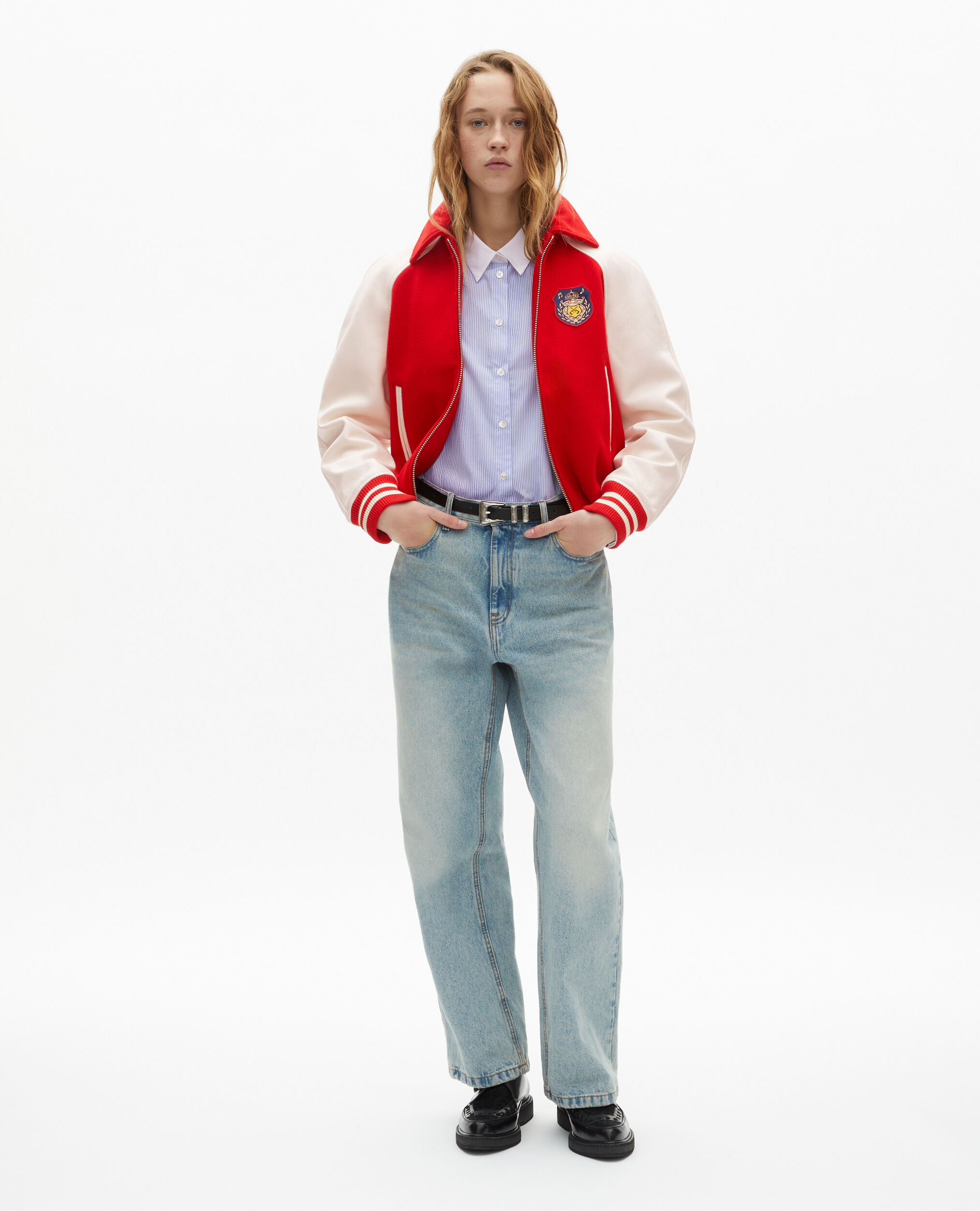 Blouson en laine et cuir rouge, RED / WHITE, hi-res image number null