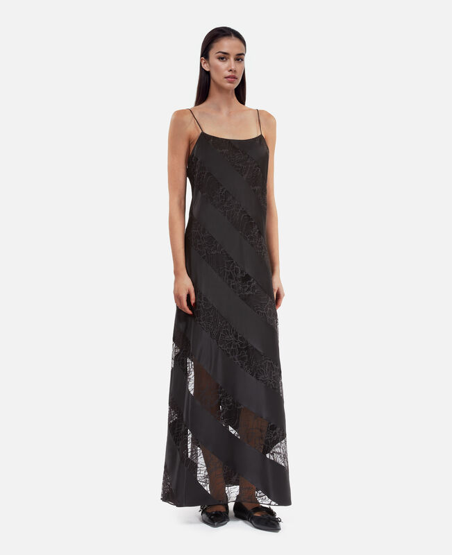 The Kooples FEMME BLACK robe nuisette longue en soie et dentelle noire