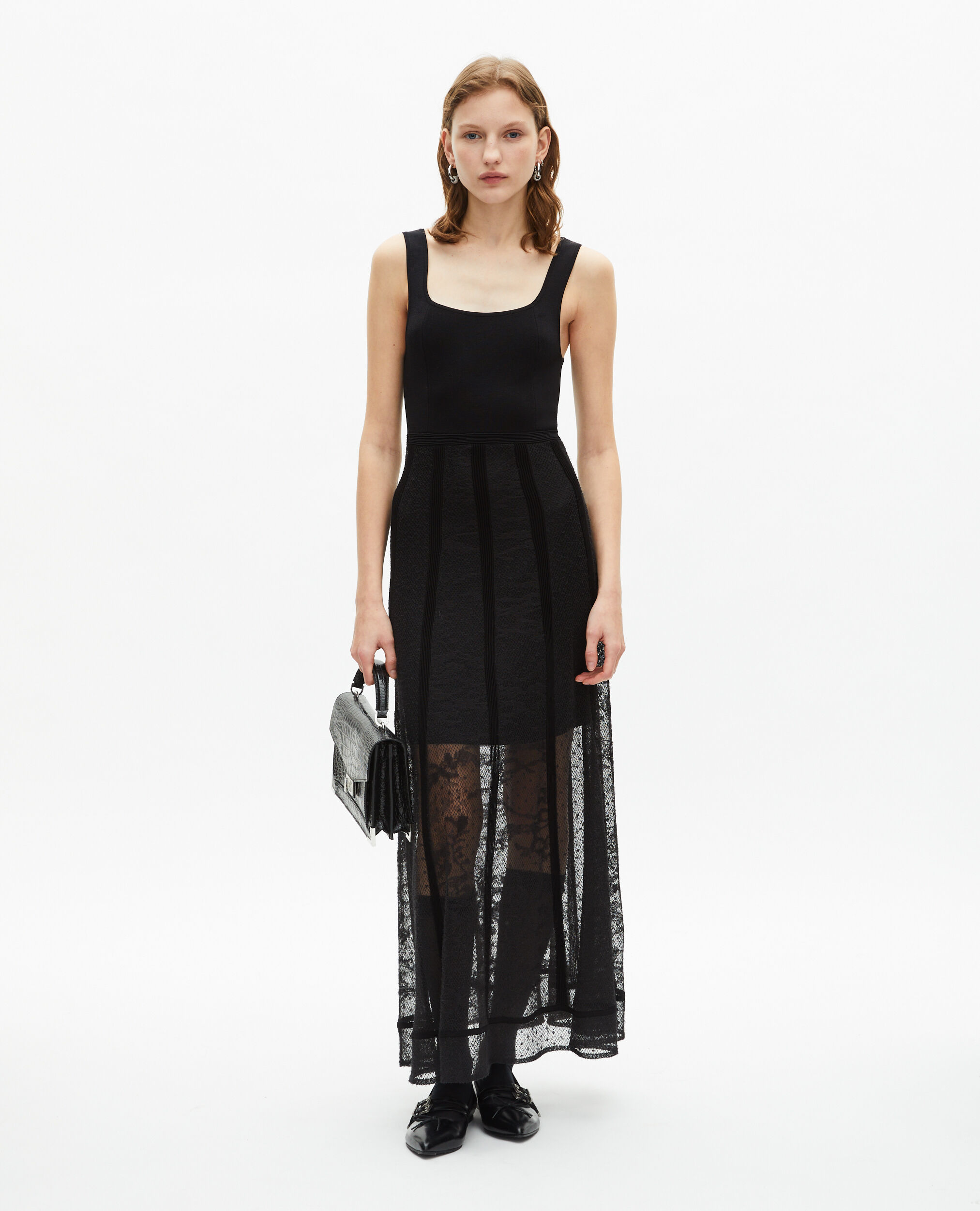 Robe longue en maille et dentelle noire, BLACK, hi-res image number null