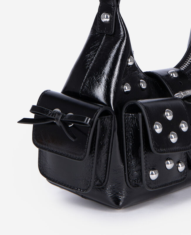 The Kooples FEMME BLACK sac amelia small en cuir craquelé noir avec clous