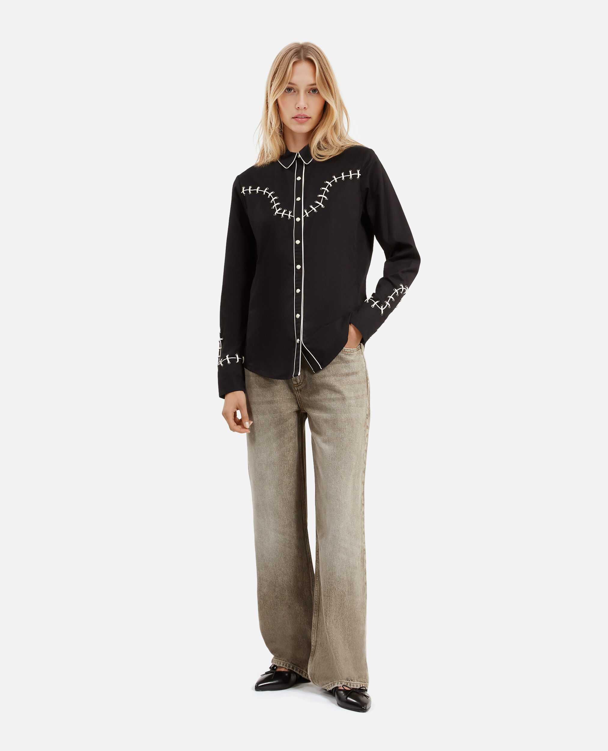 Chemise style western avec broderies noire, BLACK, hi-res image number null