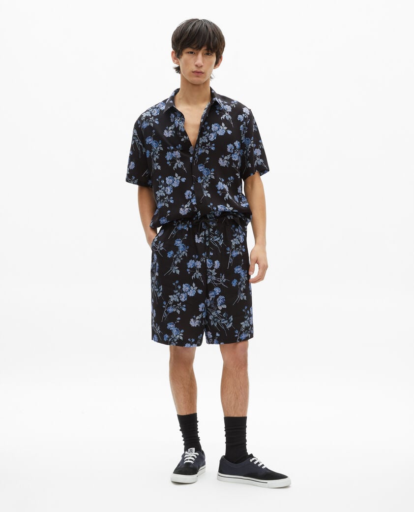 The Kooples HERREN BLACK BLUE schwarzes kurzarmhemd mit blumendruck