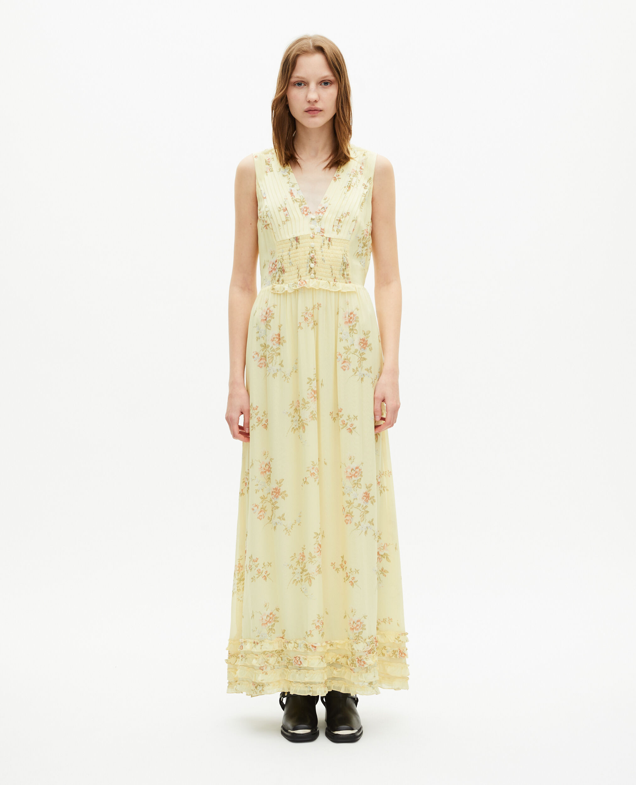 Robe longue imprimé fleuri jaune, YELLOW, hi-res image number null
