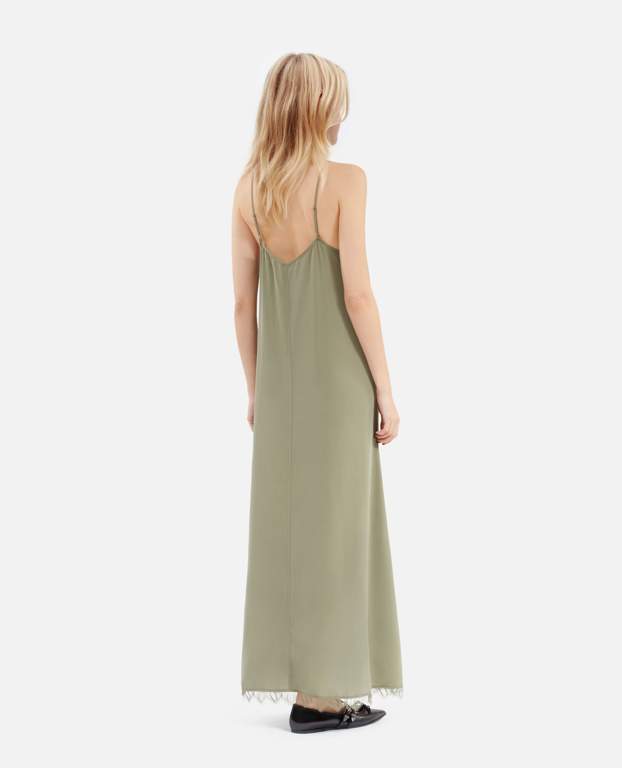 Robe nuisette longue kaki en soie, OLIVE KAKI, hi-res image number null