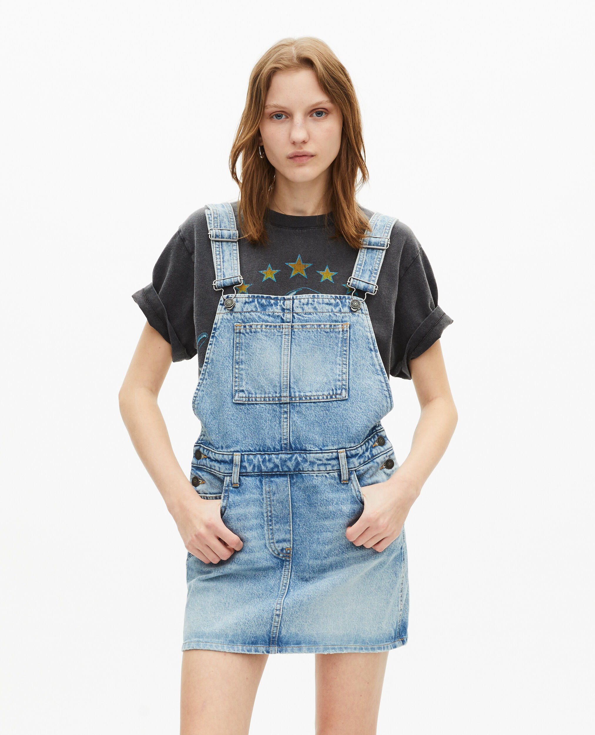 Robe courte salopette denim, BLUE BLEACHED / NAVY, hi-res image number null