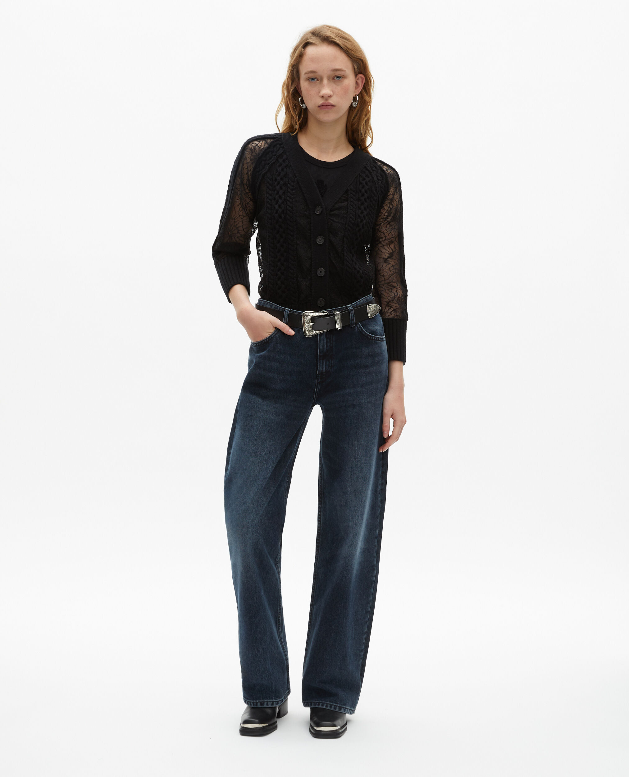 Cardigan en laine et dentelle noir, BLACK, hi-res image number null