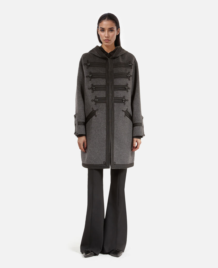 The Kooples WOMEN PETROL GREY long gray wool hooded pea coat