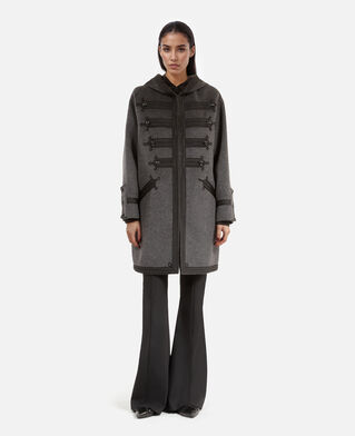 The Kooples WOMEN PETROL GREY long gray wool hooded pea coat