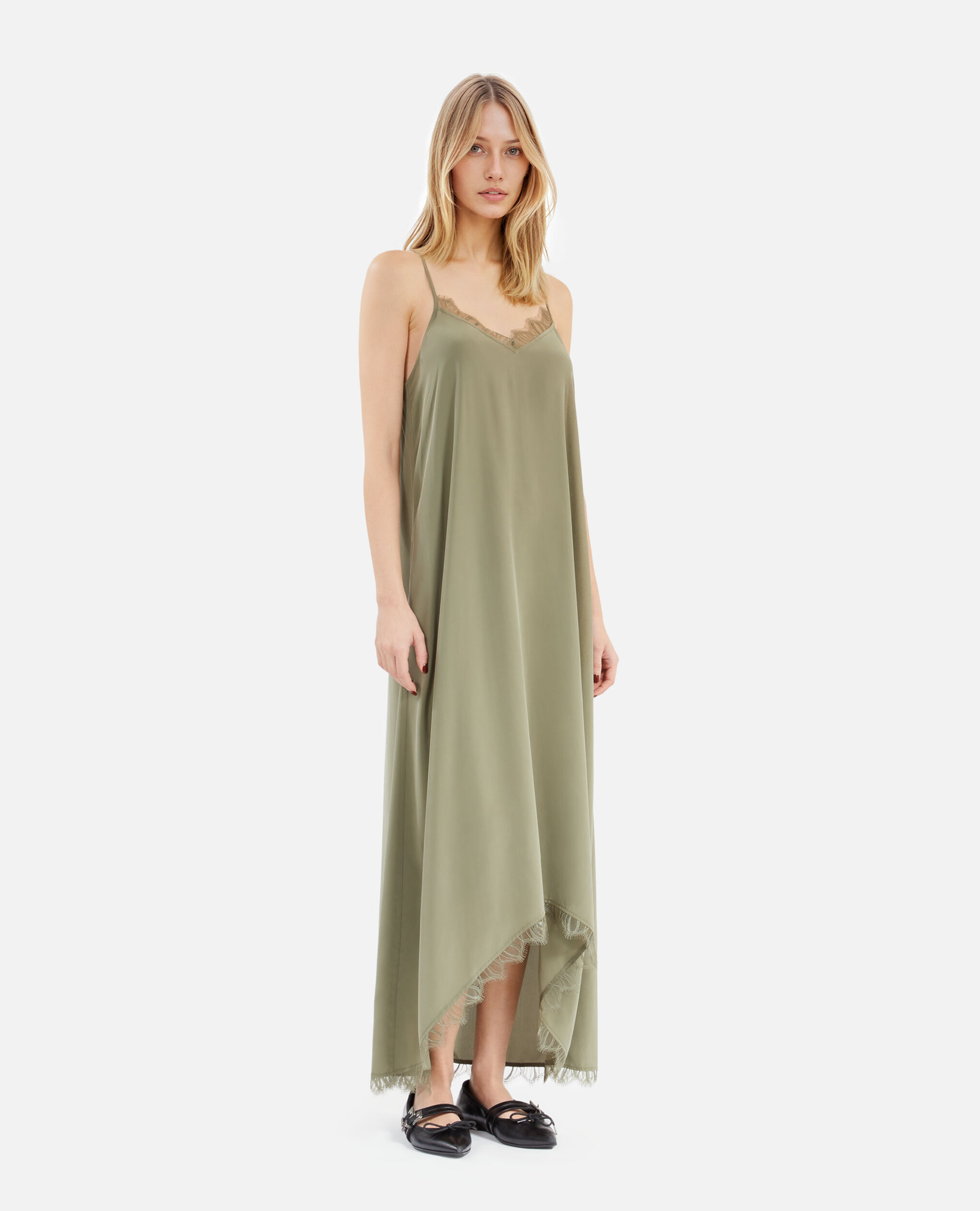 Robe nuisette longue kaki en soie, OLIVE KAKI, hi-res image number null