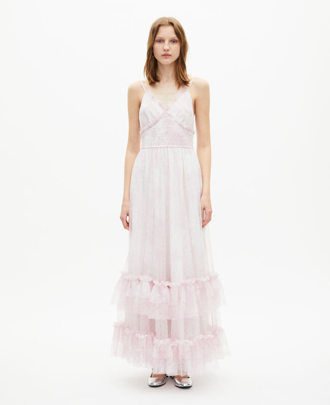 The Kooples FEMME WHITE - PINK robe longue en tulle imprimé rose pâle