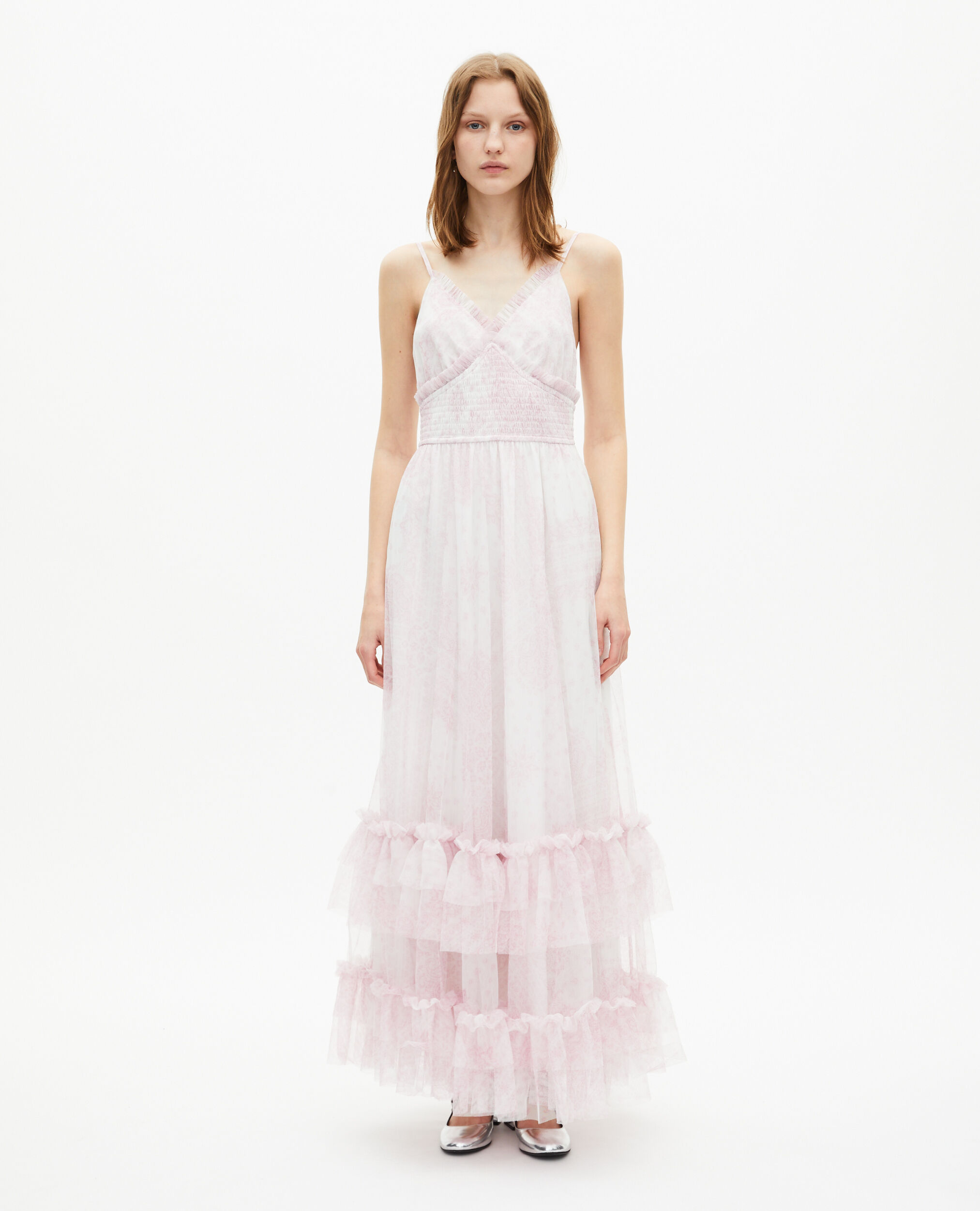 Robe longue en tulle imprimé rose pâle, WHITE - PINK, hi-res image number null