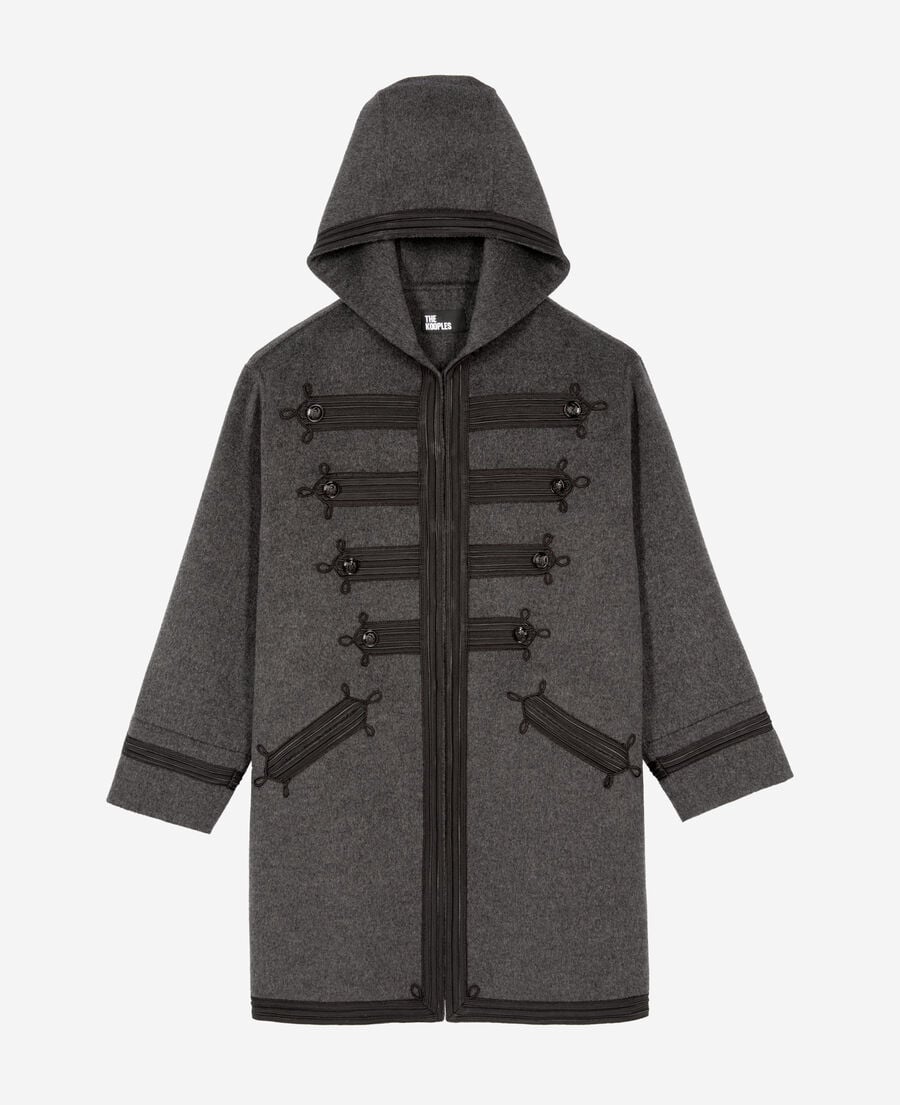 The Kooples WOMEN PETROL GREY long gray wool hooded pea coat