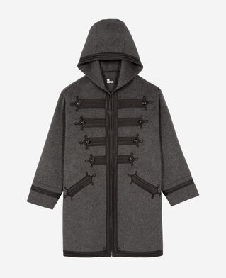 The Kooples WOMEN PETROL GREY long gray wool hooded pea coat