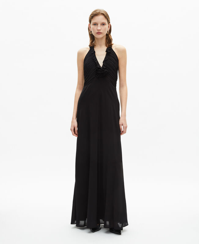 The Kooples FEMME BLACK robe longue décolleté détail fleur noire